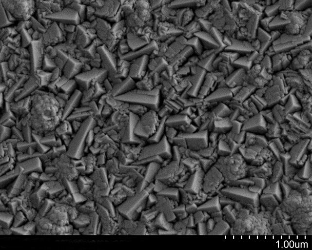 REM-Aufnahme einer WMO3-Photoanode. Photostrom jphoto(2V vs. RHE): 0,762 mA/qcm, Schichtdicke: 1,39 µm.